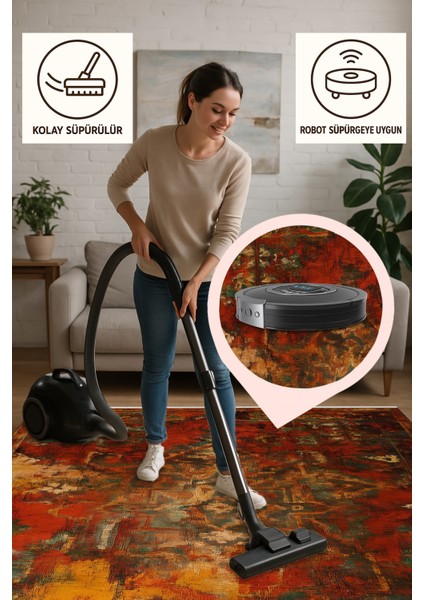 Vintage Kiremit Renkli Halı – Makinede Yıkanabilir & Kaymaz | Bebek ve Evcil Dostu Tasarım modelleri