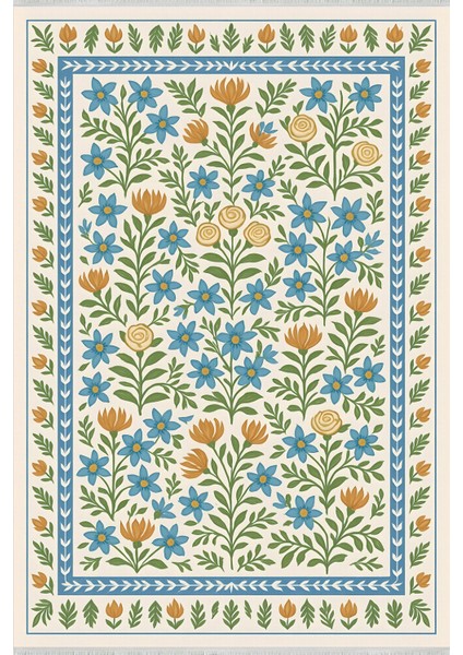 Çiçek Desenli Krem Halı – Kaymaz ve Yıkanabilir | Bebek ve Evcil Dostu | Robot Süpürge Uyumlu