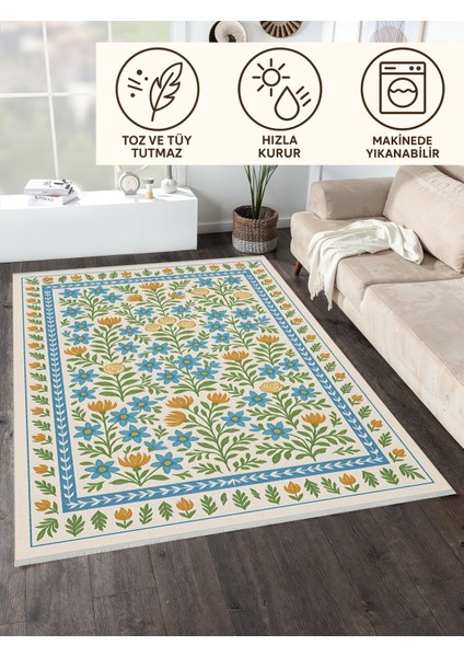 Çiçek Desenli Krem Halı – Kaymaz ve Yıkanabilir | Bebek ve Evcil Dostu | Robot Süpürge Uyumlu fiyatları