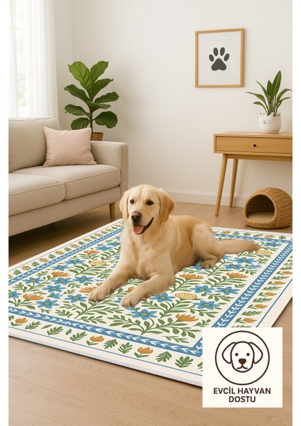 Çiçek Desenli Krem Halı – Kaymaz ve Yıkanabilir | Bebek ve Evcil Dostu | Robot Süpürge Uyumlu modelleri
