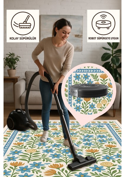 Çiçek Desenli Krem Halı – Kaymaz ve Yıkanabilir | Bebek ve Evcil Dostu | Robot Süpürge Uyumlu fırsatları