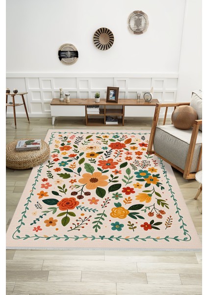Renkli Çiçek Desenli Halı – Kaymaz & Makinede Yıkanabilir | Bebek ve Evcil Dostu | 120 x 180 cm