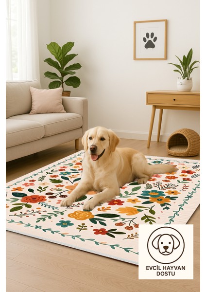Renkli Çiçek Desenli Halı – Kaymaz & Makinede Yıkanabilir | Bebek ve Evcil Dostu | 120 x 180 cm
