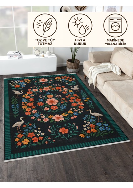 Çiçek ve Kuş Desenli Siyah Halı – Kaymaz & Makinede Yıkanabilir | Bebek ve Evcil Dostu Tasarım