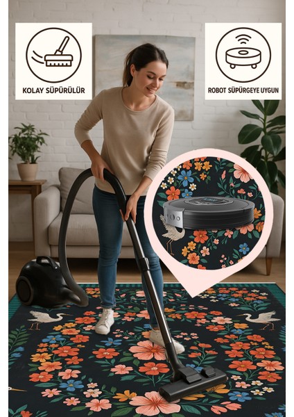 Çiçek ve Kuş Desenli Siyah Halı – Kaymaz & Makinede Yıkanabilir | Bebek ve Evcil Dostu Tasarım