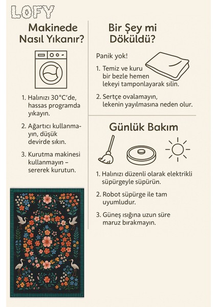 Çiçek ve Kuş Desenli Siyah Halı – Kaymaz & Makinede Yıkanabilir | Bebek ve Evcil Dostu Tasarım