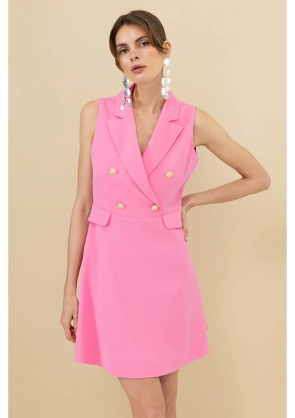 Kadın Ceket Yaka Kolsuz Elbise 5100 Pink