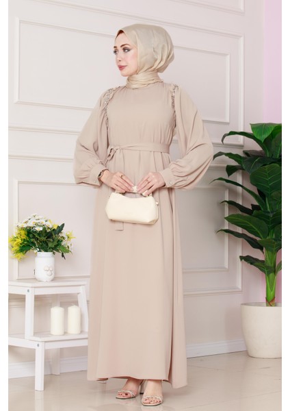 Omuzu Taş Detaylı Rose Elbise-Bej