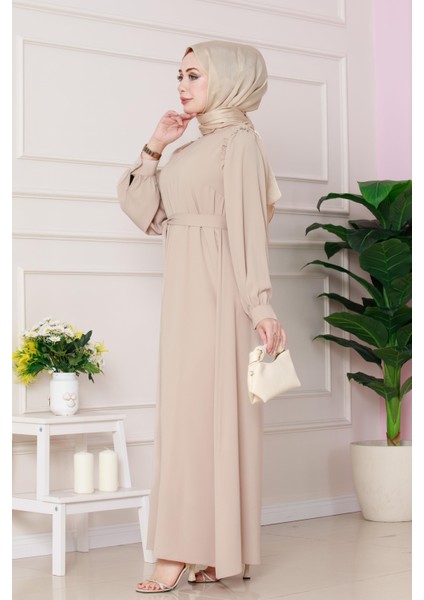 Omuzu Taş Detaylı Rose Elbise-Bej modelleri