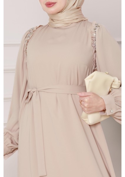 Omuzu Taş Detaylı Rose Elbise-Bej fırsatları