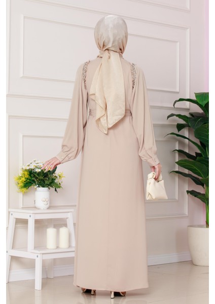 Omuzu Taş Detaylı Rose Elbise-Bej indirimleri