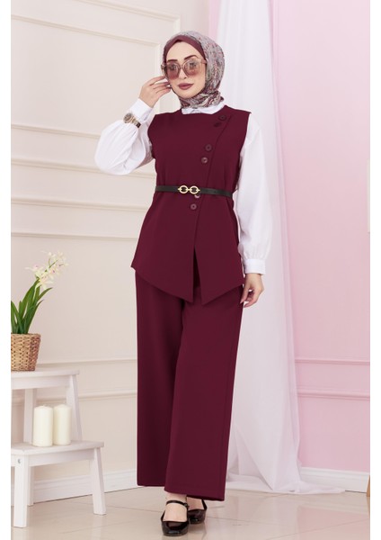 Dora Pantolonlu Yelekli Takım-Bordo