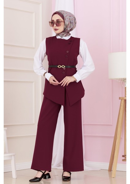 Dora Pantolonlu Yelekli Takım-Bordo