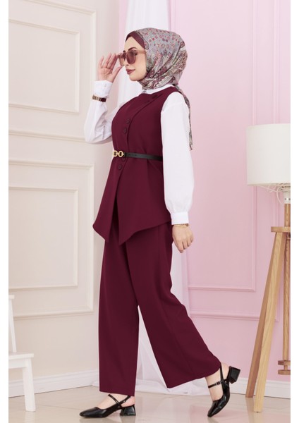 Dora Pantolonlu Yelekli Takım-Bordo