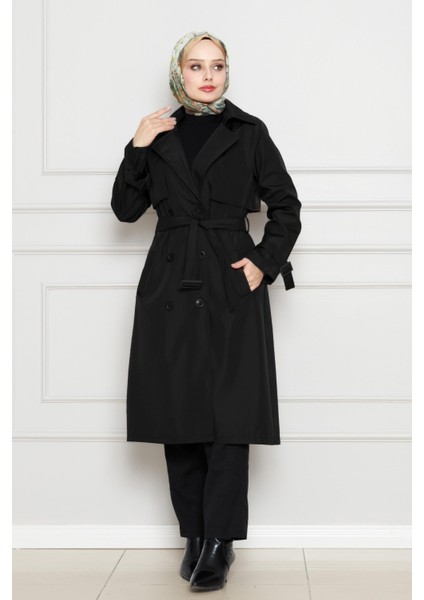 Kolu Kemer Detaylı Trençkot-Siyah fiyatları