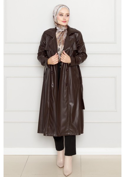 Kuşaklı Deri Trençkot-Kahverengi fiyatları