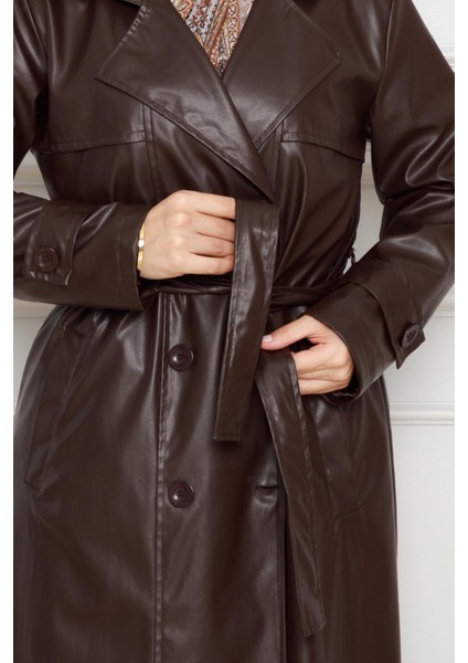Kuşaklı Deri Trençkot-Kahverengi fırsatları