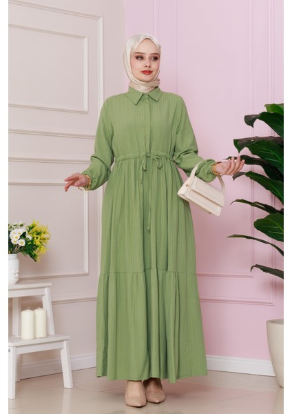 Gömlek Yaka Beli Tünelli Sare Elbise-Fıstık Yeşili fiyatları