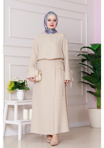 Darin Keten Eteği Bağlamalı Takım-Bej