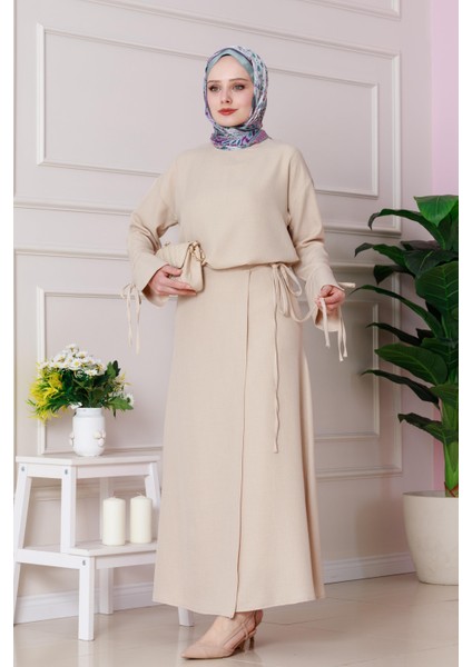 Darin Keten Eteği Bağlamalı Takım-Bej fiyatları