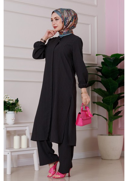 Yırtmaç Detaylı Tunik Pantolon Takım-Siyah