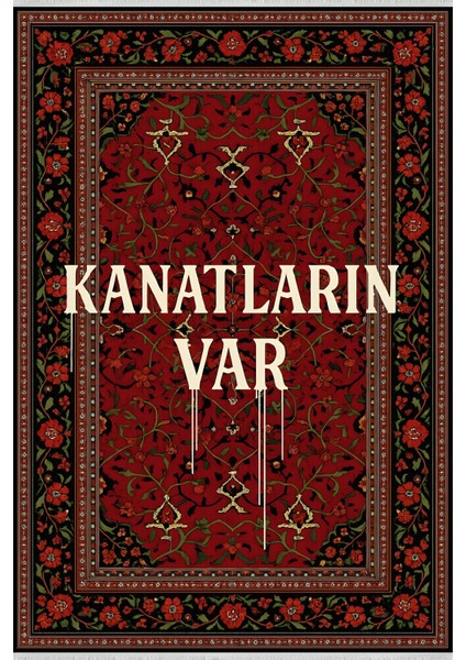 Kanatların Var Yazılı Halı – Kaymaz & Makinede Yıkanabilir | Evcil ve Bebek Dostu | Klasik Motifli