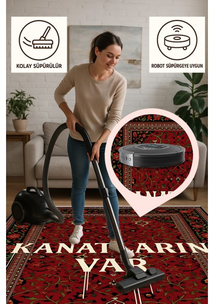 Kanatların Var Yazılı Halı – Kaymaz & Makinede Yıkanabilir | Evcil ve Bebek Dostu | Klasik Motifli