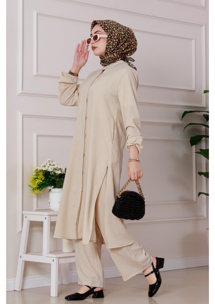 Yırtmaç Detaylı Tunik Pantolon Takım-Bej