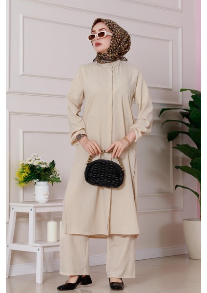Yırtmaç Detaylı Tunik Pantolon Takım-Bej