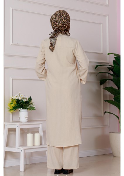 Yırtmaç Detaylı Tunik Pantolon Takım-Bej