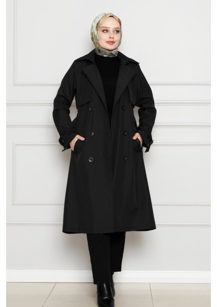Kolu Kemer Detaylı Trençkot-Siyah