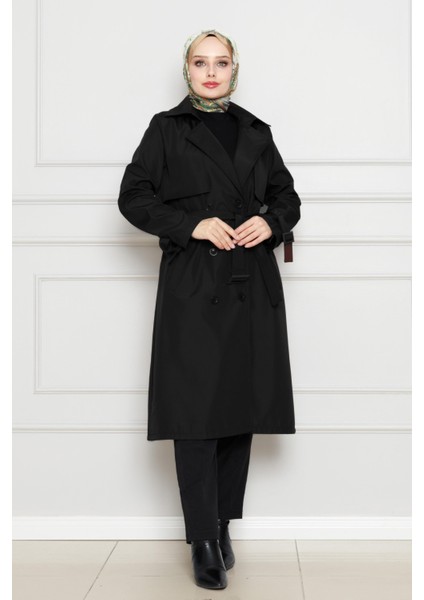 Kolu Kemer Detaylı Trençkot-Siyah modelleri