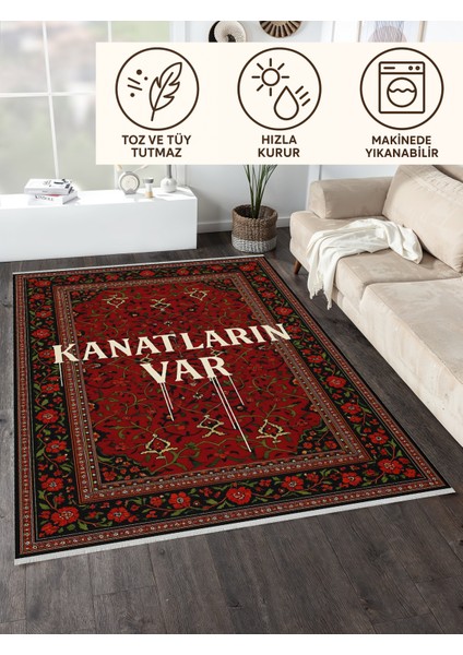 Kanatların Var Yazılı Halı – Kaymaz & Makinede Yıkanabilir | Evcil ve Bebek Dostu | Klasik Motifli