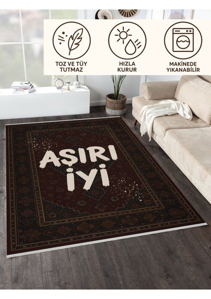 Klasik Motifli "aşırı Iyi" Halı – Retro Yazılı Tasarım | Kaymaz, Yıkanabilir, Robot Süpürge Uyumlu