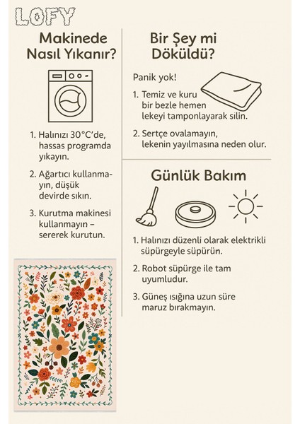 Renkli Çiçek Desenli Halı – Kaymaz & Makinede Yıkanabilir | Bebek ve Evcil Dostu | 120 x 180 cm