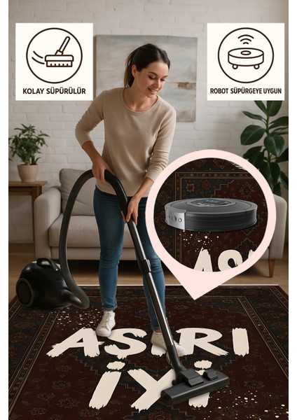 Klasik Motifli "aşırı Iyi" Halı – Retro Yazılı Tasarım | Kaymaz, Yıkanabilir, Robot Süpürge Uyumlu