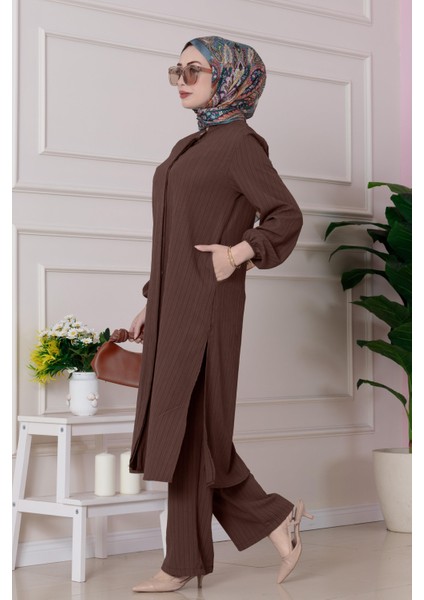 Yırtmaç Detaylı Tunik Pantolon Takım-Kahverengi modelleri