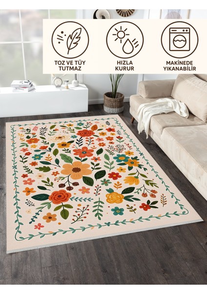 Renkli Çiçek Desenli Halı – Kaymaz & Makinede Yıkanabilir | Bebek ve Evcil Dostu | 120 x 180 cm