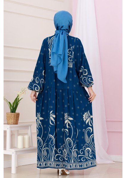 Yarım Düğmeli Robalı Nisan Elbise-Indigo