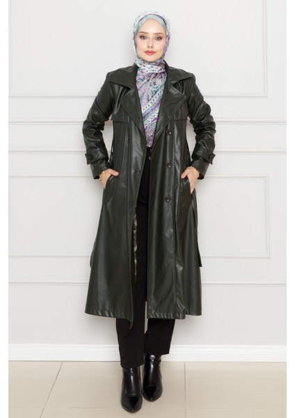 Kuşaklı Deri Trençkot-Haki fiyatları