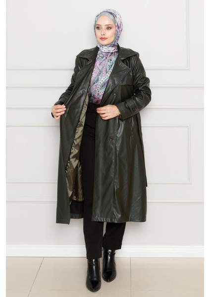 Kuşaklı Deri Trençkot-Haki modelleri