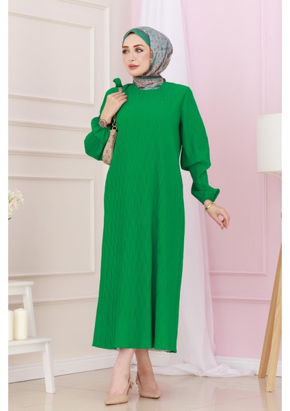 Beli Kuşaklı Luna Tesettür Elbise-Yeşil