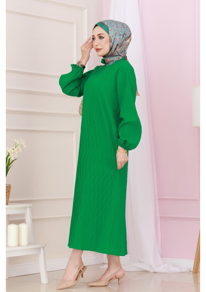 Beli Kuşaklı Luna Tesettür Elbise-Yeşil modelleri