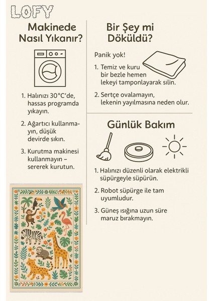Hayvan Figürlü Halı – Kaymaz & Yıkanabilir | Bebek ve Evcil Dostu Oyun Halısı | 120 x 180