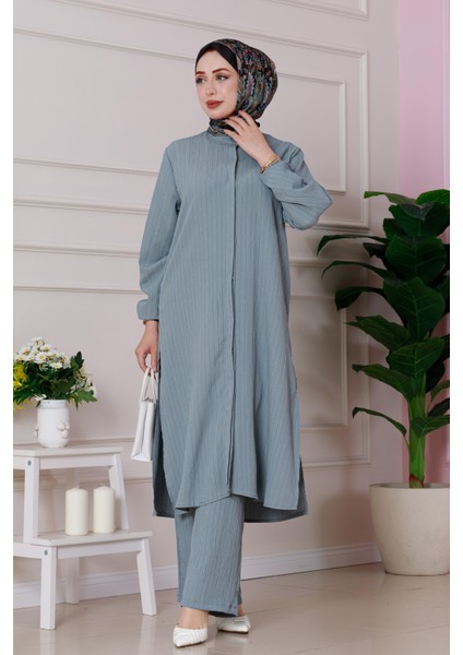 Yırtmaç Detaylı Tunik Pantolon Takım-Gri