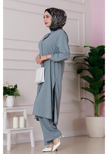 Yırtmaç Detaylı Tunik Pantolon Takım-Gri modelleri