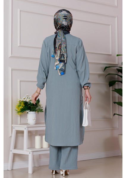 Yırtmaç Detaylı Tunik Pantolon Takım-Gri indirimleri