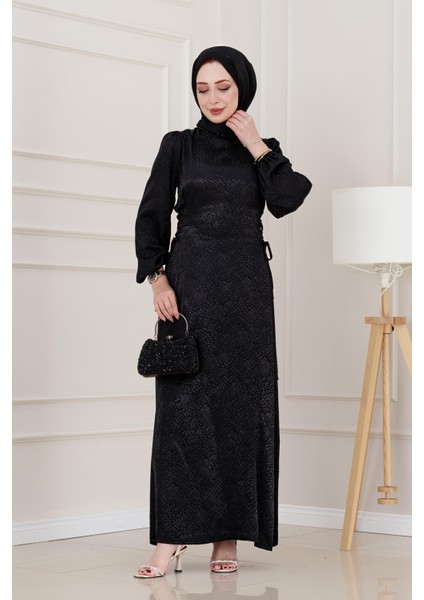 Banu Yanı Bağcıklı Saten Abiye-Siyah