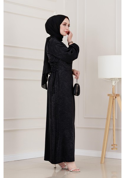 Banu Yanı Bağcıklı Saten Abiye-Siyah modelleri