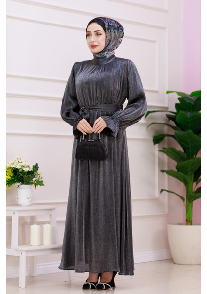 Kolu Volanlı Simli Alya Abiye-Antrasit